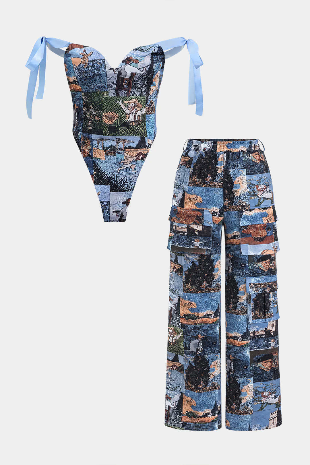 Oil Painting Pattern Drawstring Strappy Top And Pocket Trousers Set - Weenar