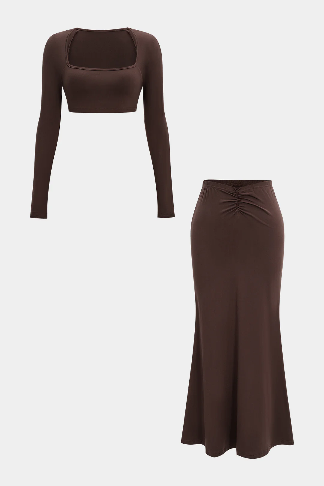 Square Neck Long Sleeve Cropped Top And Ruched Skirt Set - Weenar