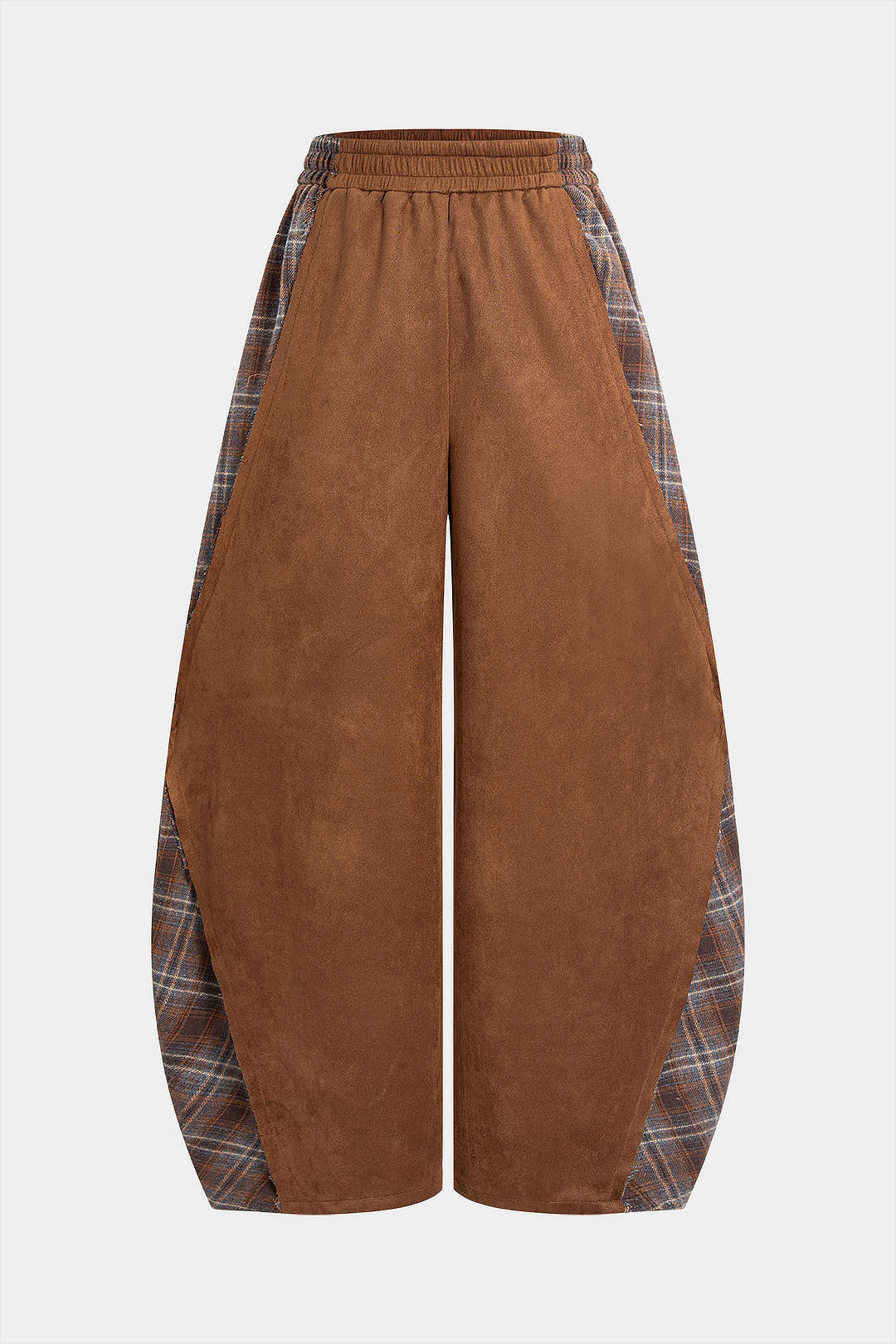 Plaid Print Suede Patchwork Shirred Waistband Pants - Weenar