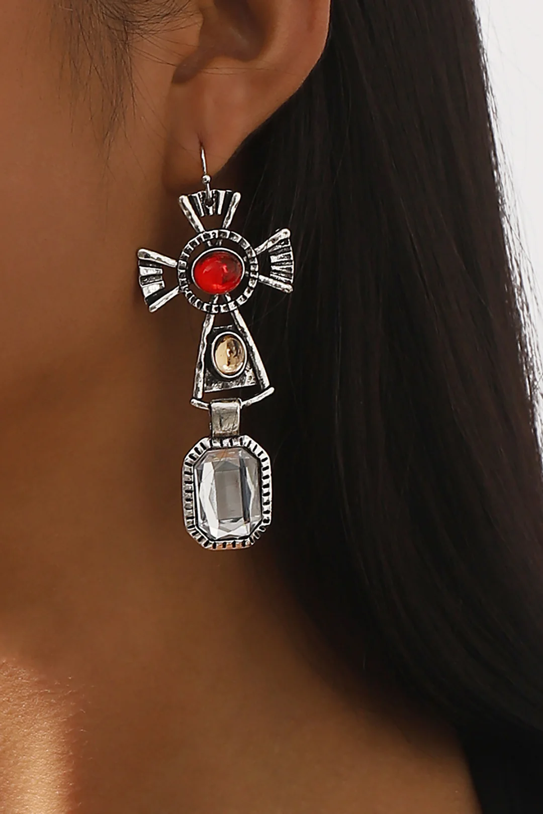Red Gem Decor Cross Earrings - Weenar