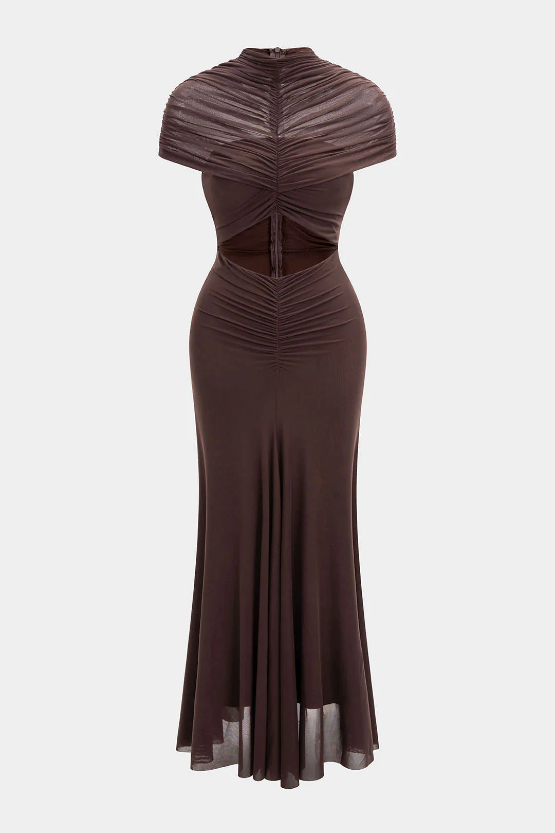 Mesh Ruched Cut Out Short Sleeve Maxi Dress - Weenar