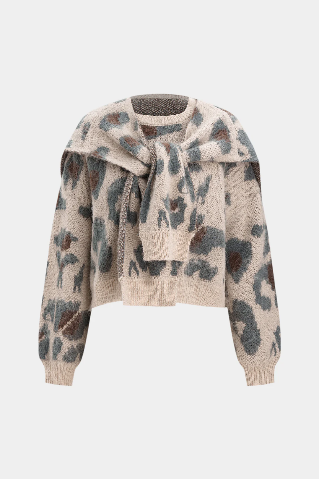 Contrast Abstract Print Knit Long-Sleeve Top With Shawl - Weenar
