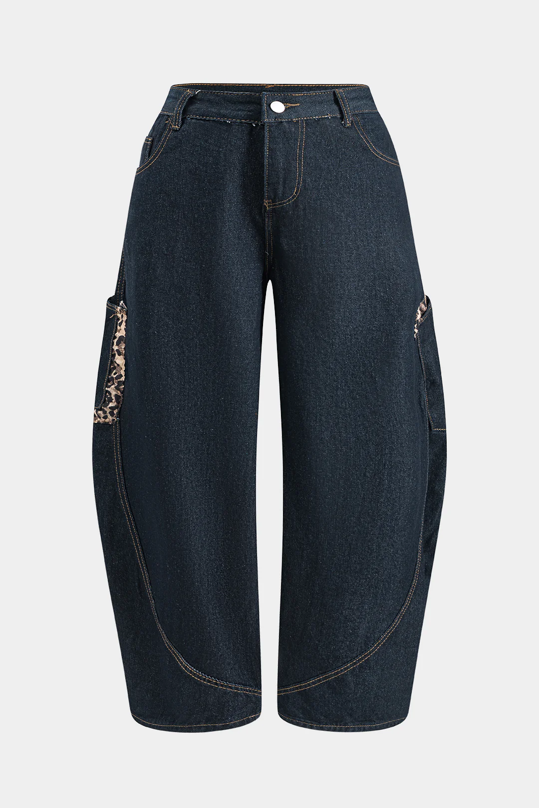 Plus Size Leopard Print Denim Patchwork Button Pocket Wide Leg Barrel Jeans - Weenar