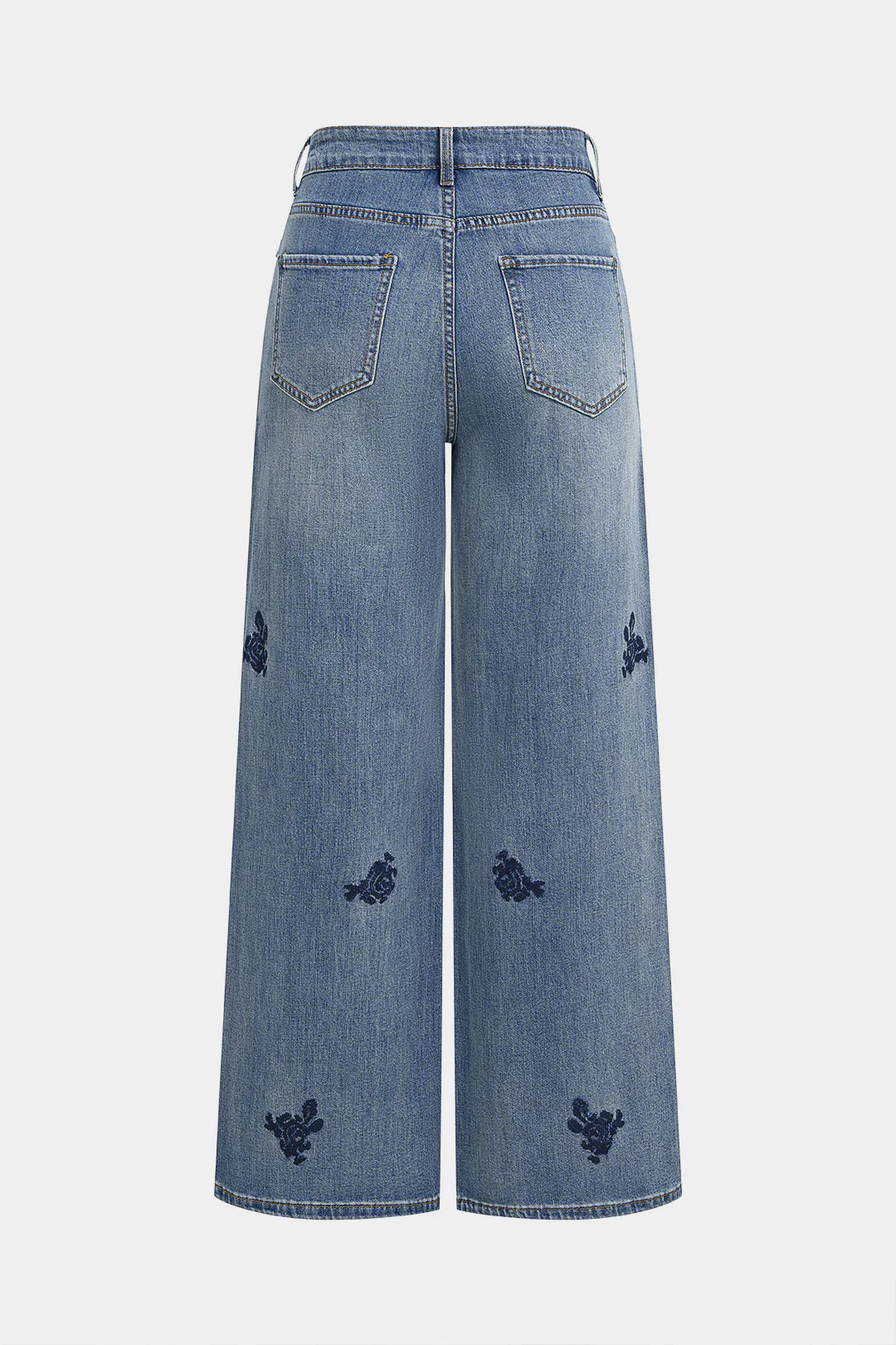 Denim Floral Embroidery High Waist Straight Leg Jeans - Weenar