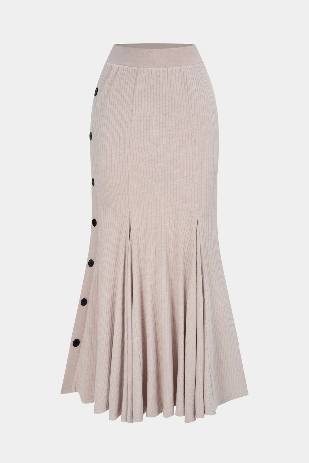 Knit Button Irregular Hem High Waist Slit Skirt - Weenar