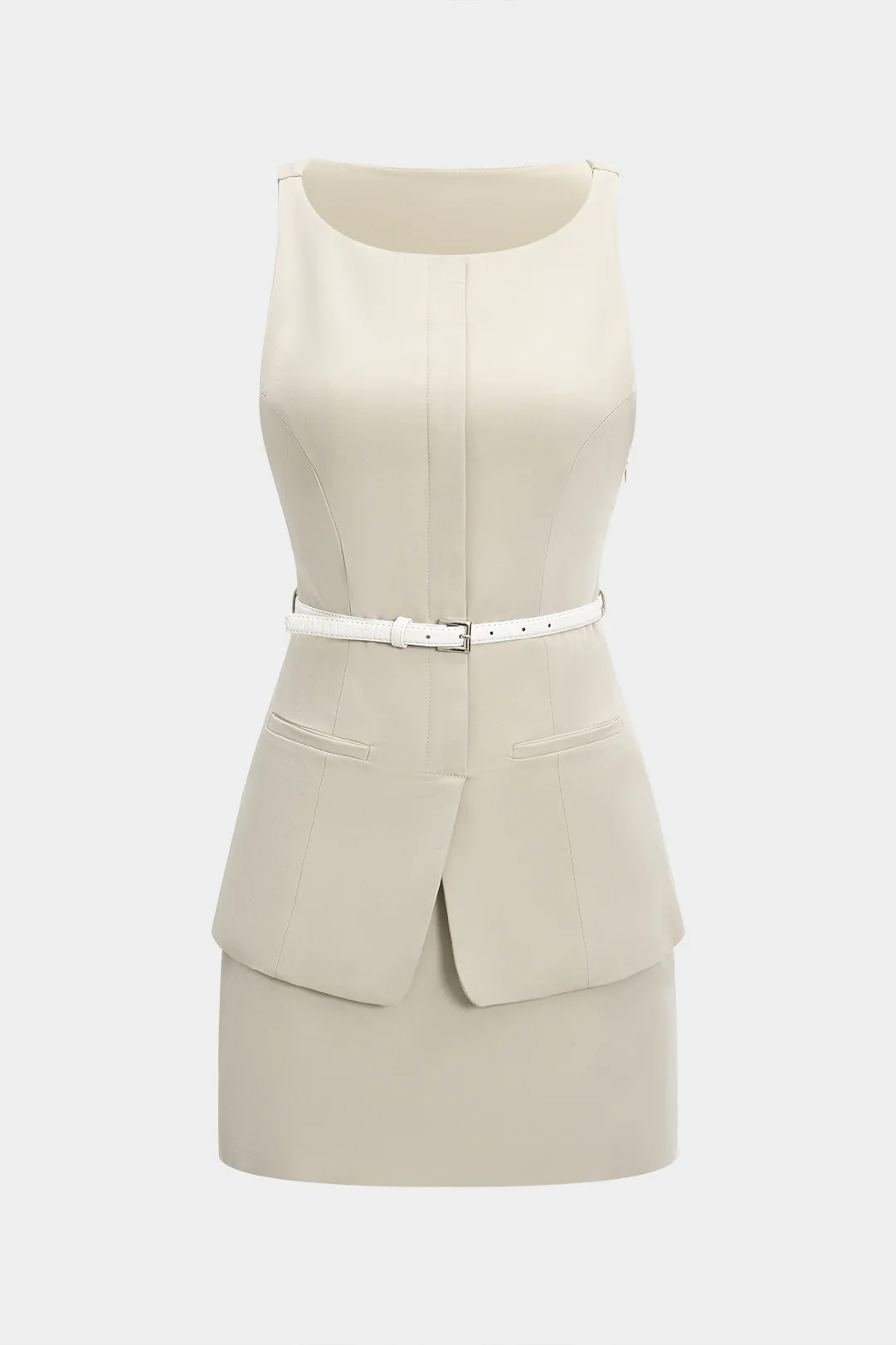 Pocket Sleeveless Mini Dress With Belt - Weenar