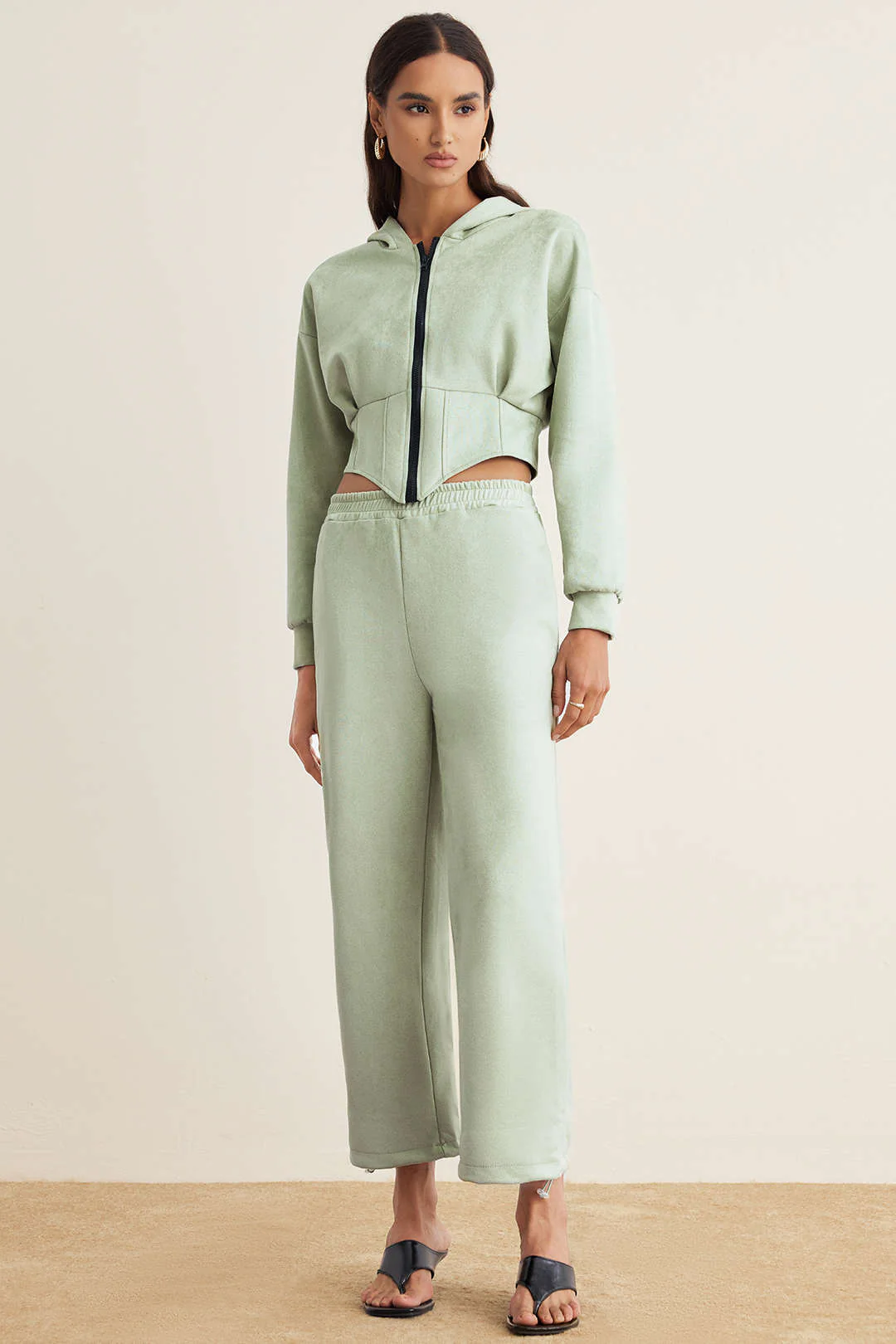 Suede Zipper Waist-Cinching Hoodie And Shirred Waistband Pants Set - Weenar