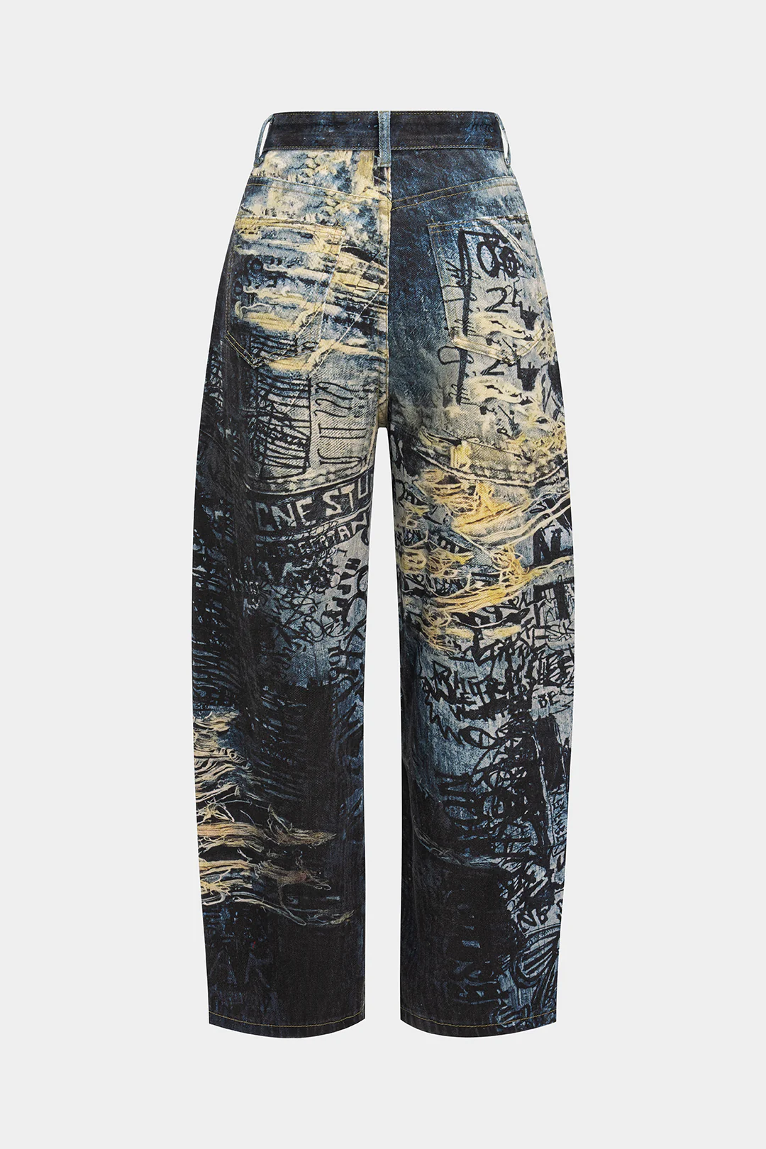 Denim Watercolor Letter Print Ripped Pants - Weenar