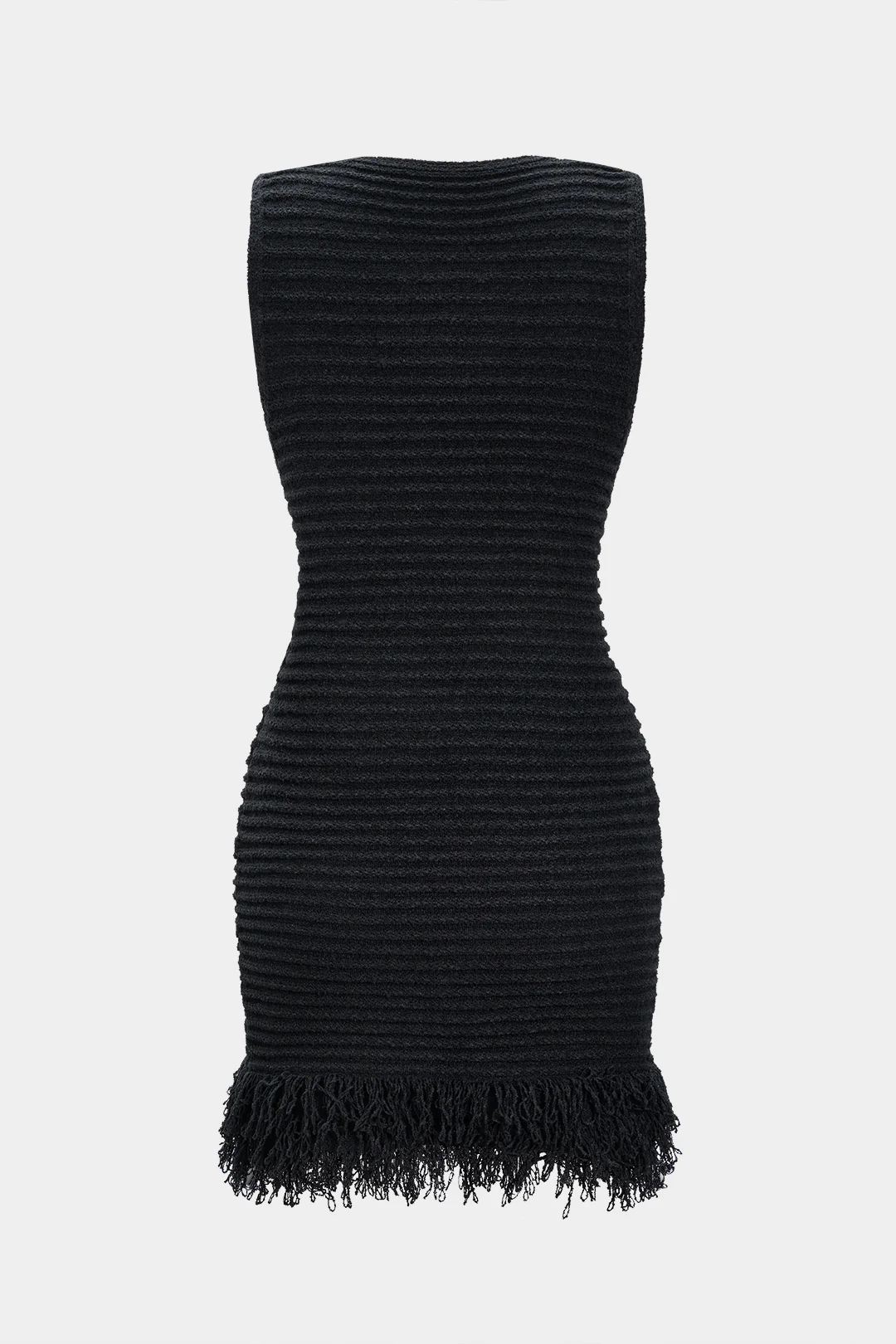 Knit Texture Fringe Sleeveless Dress - Weenar
