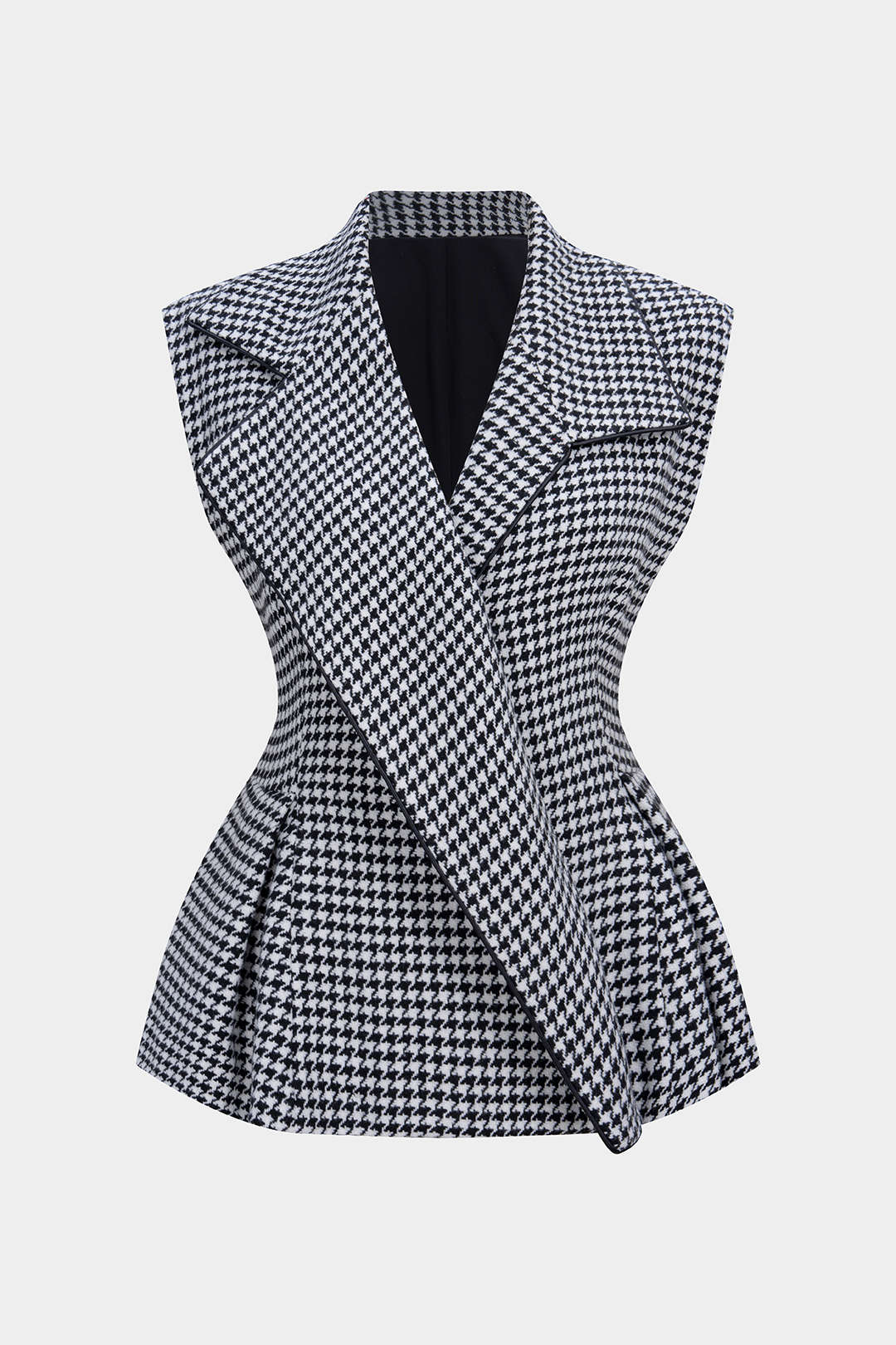 Houndstooth Print Tweed Notched Lapel Vest - Weenar
