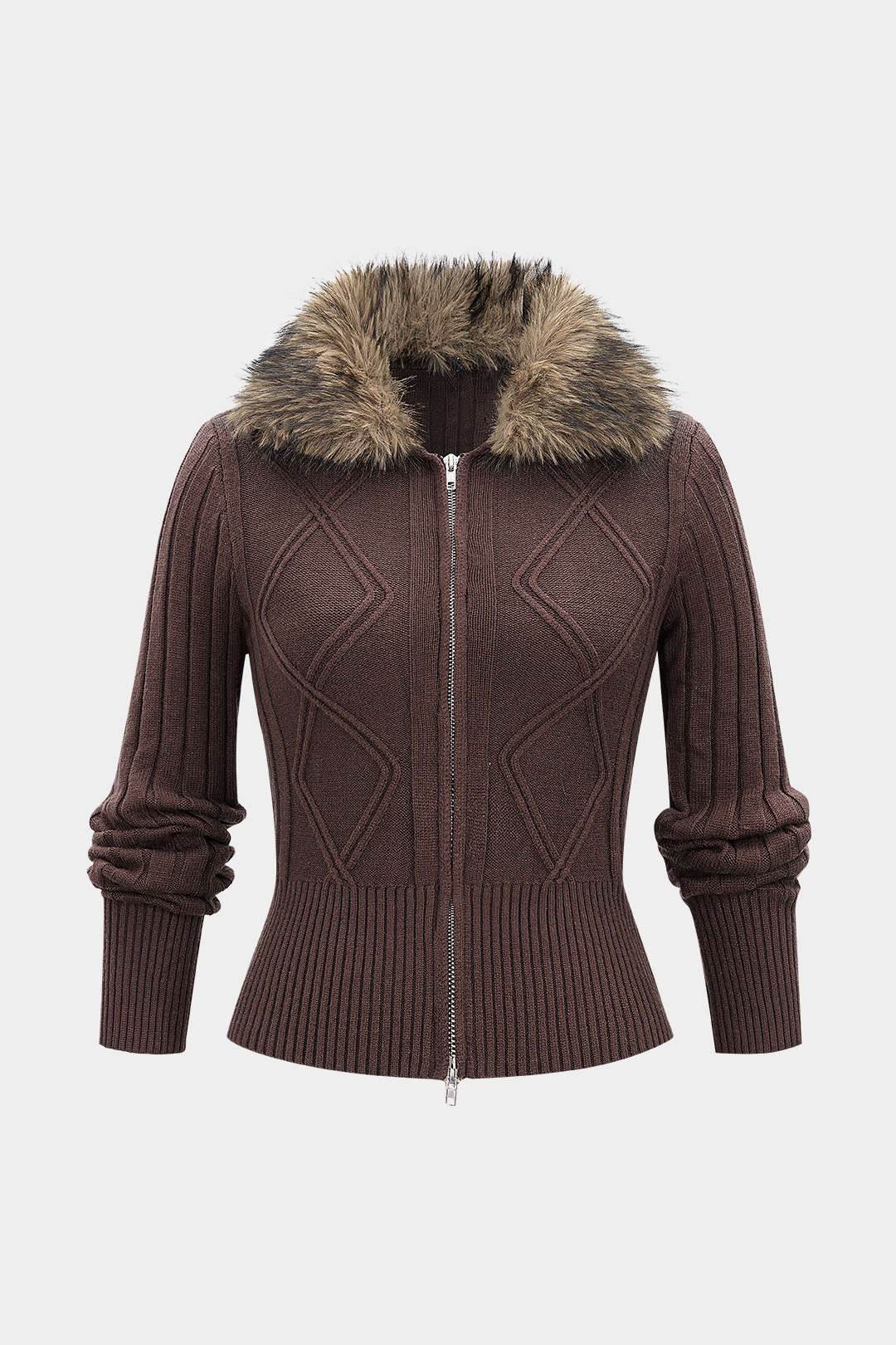 Knit Patchwork Fringe Zipper Cardigan - Weenar