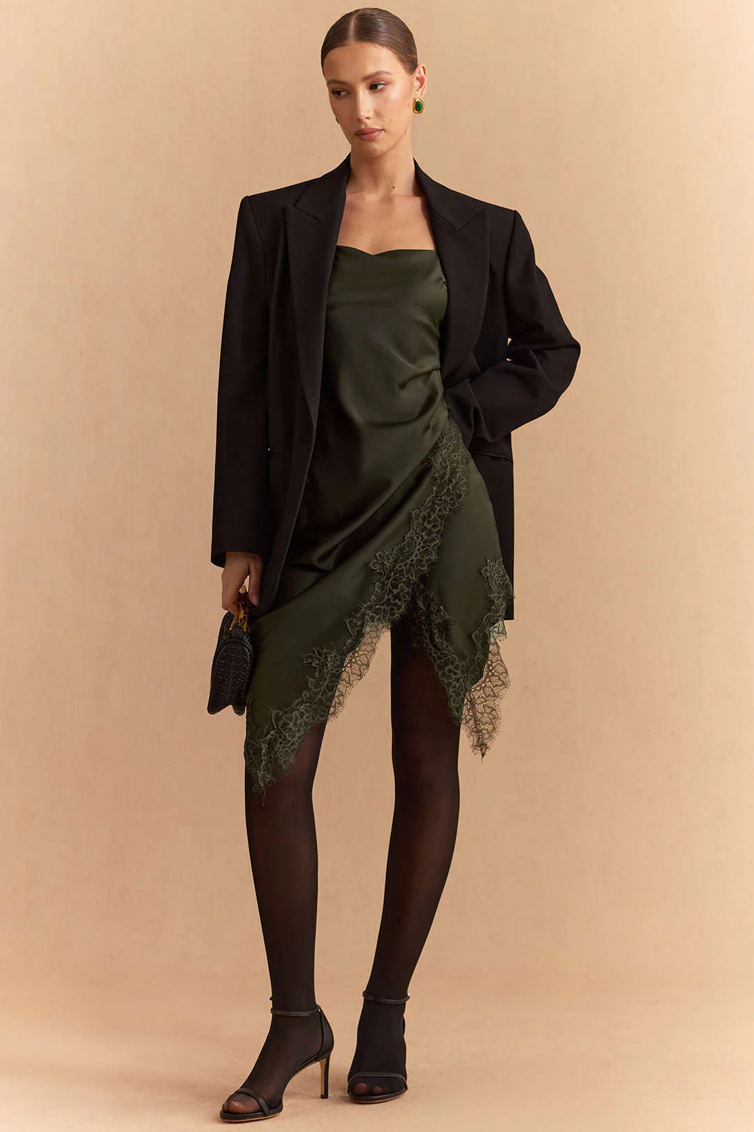Satin Asymmetrical Lace Trim Ruched Mini Dress - Weenar