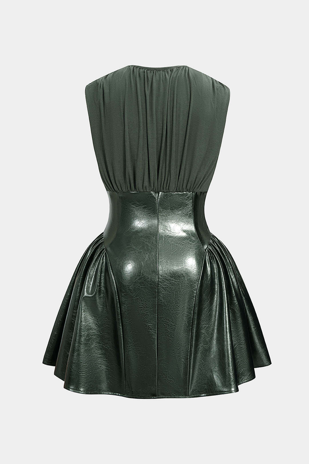 Faux Leather Patchwork Ruched Sleeveless Mini Dress - Weenar