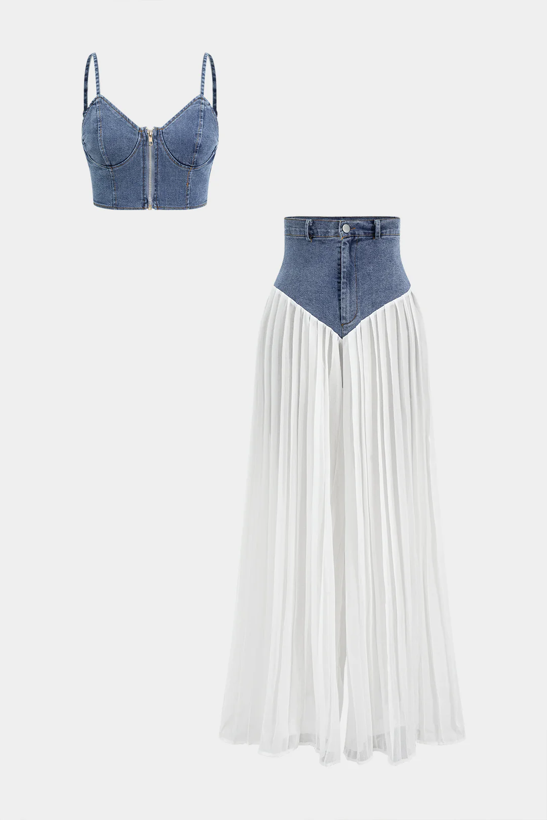 Denim Dry Clean Bustier Zipper Cami Top And Chiffon Pleated Patchwork Trousers Set - Weenar
