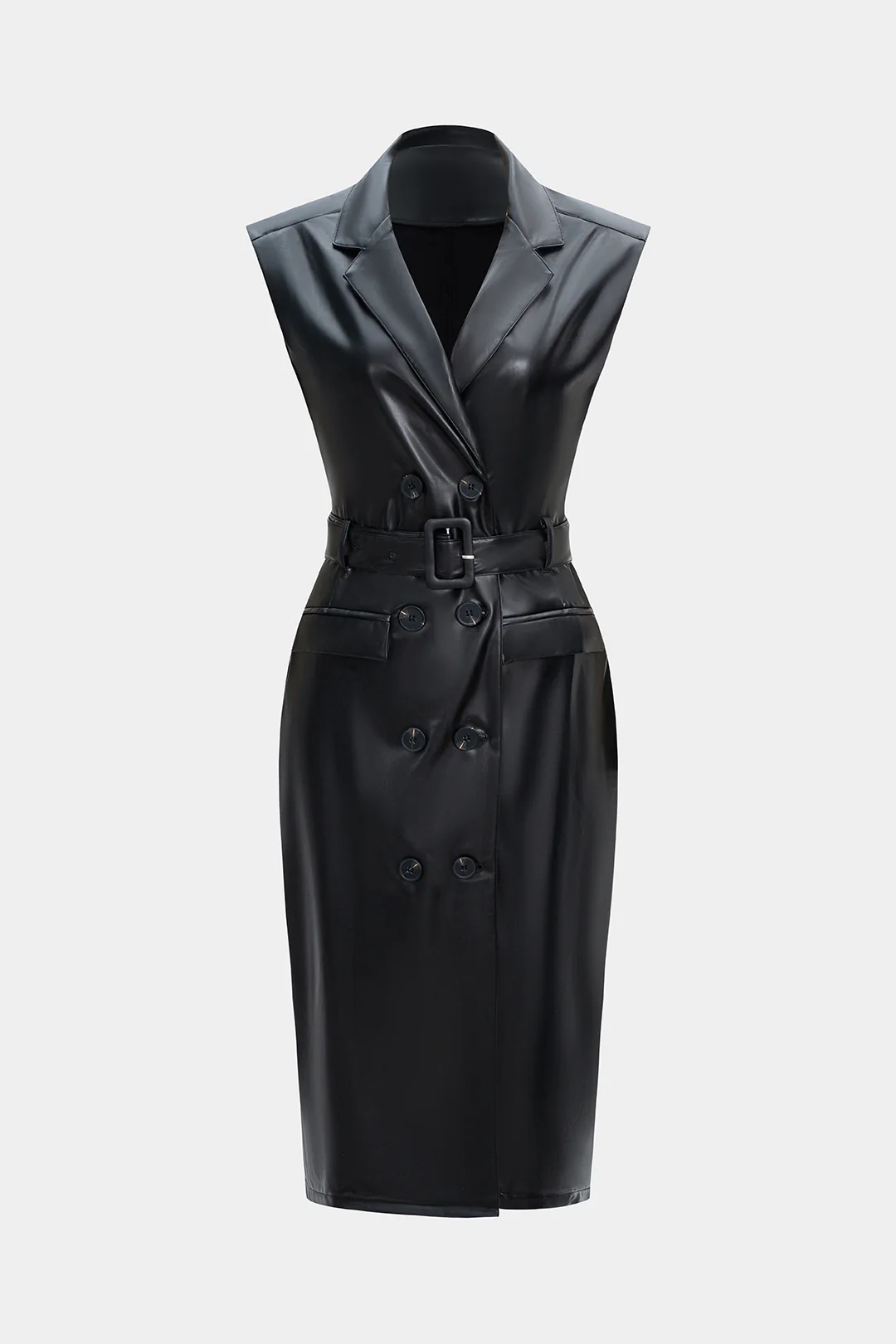 Faux Leather Button Belted Sleeveless Midi Dress - Weenar