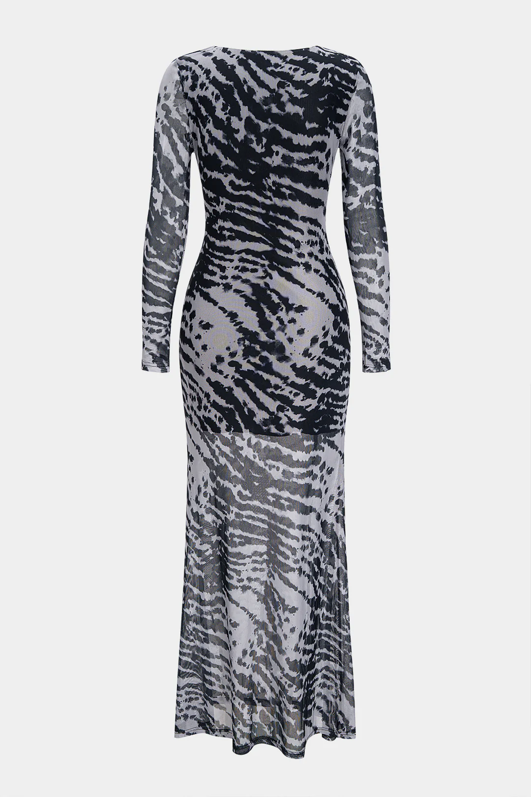 Contrast Print Mesh Ruched Long Sleeve Maxi Dress - Weenar