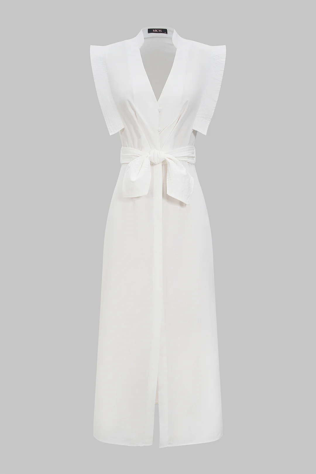 Linen Flutter Sleeve V-Neck Tie Front Slit Maxi Dress - Weenar