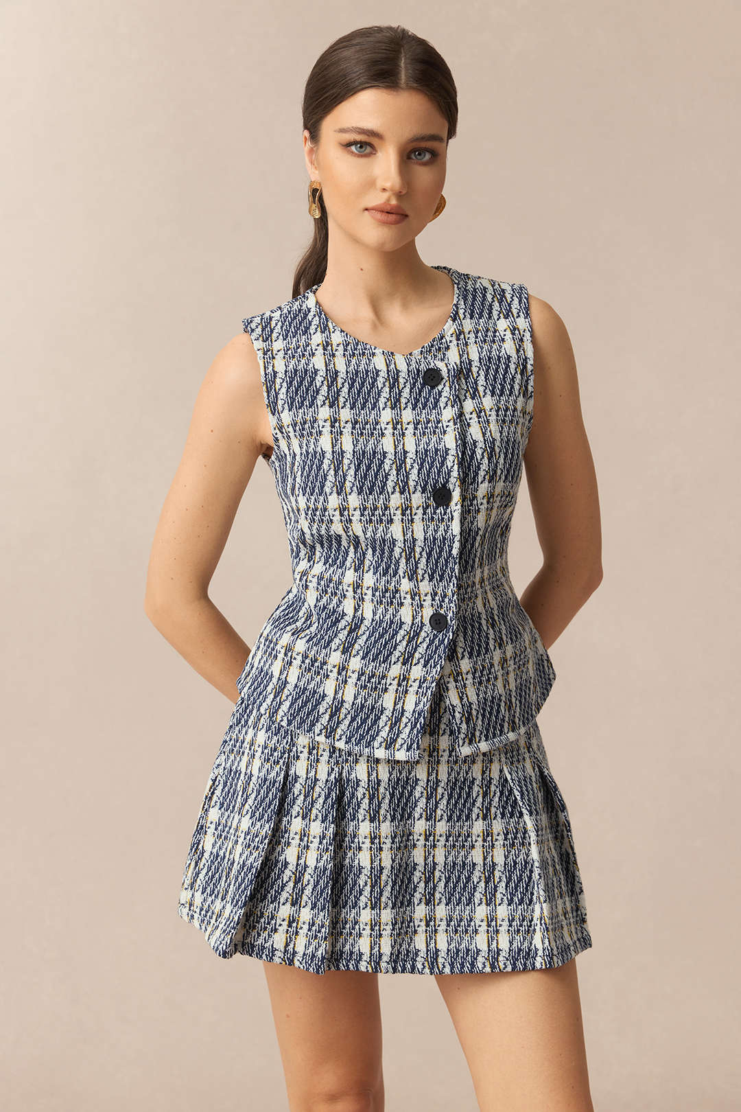 Plaid Print High Waist Pleated Skirt - Weenar