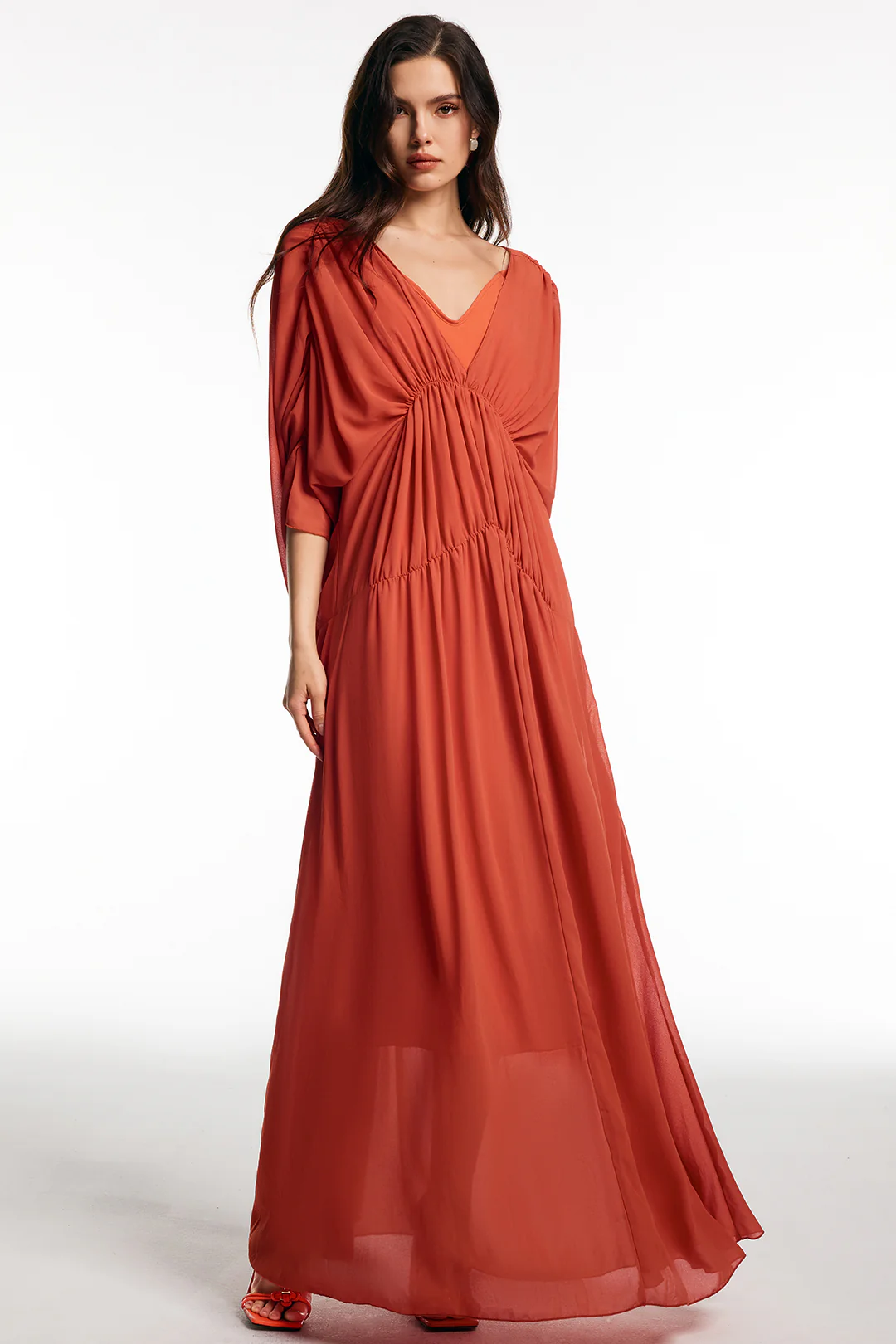 Chiffon V-Neck Ruched Short Sleeve Maxi Dress - Weenar