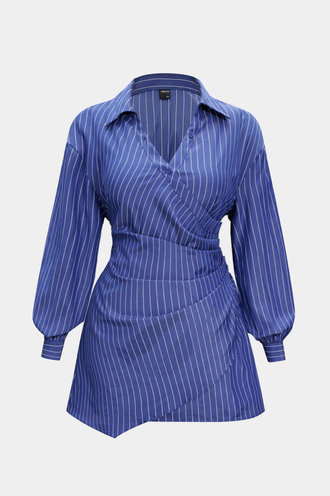 Plus Size Stripes Print Crossed Ruched Smocked Long Sleeve Mini Dress - Weenar