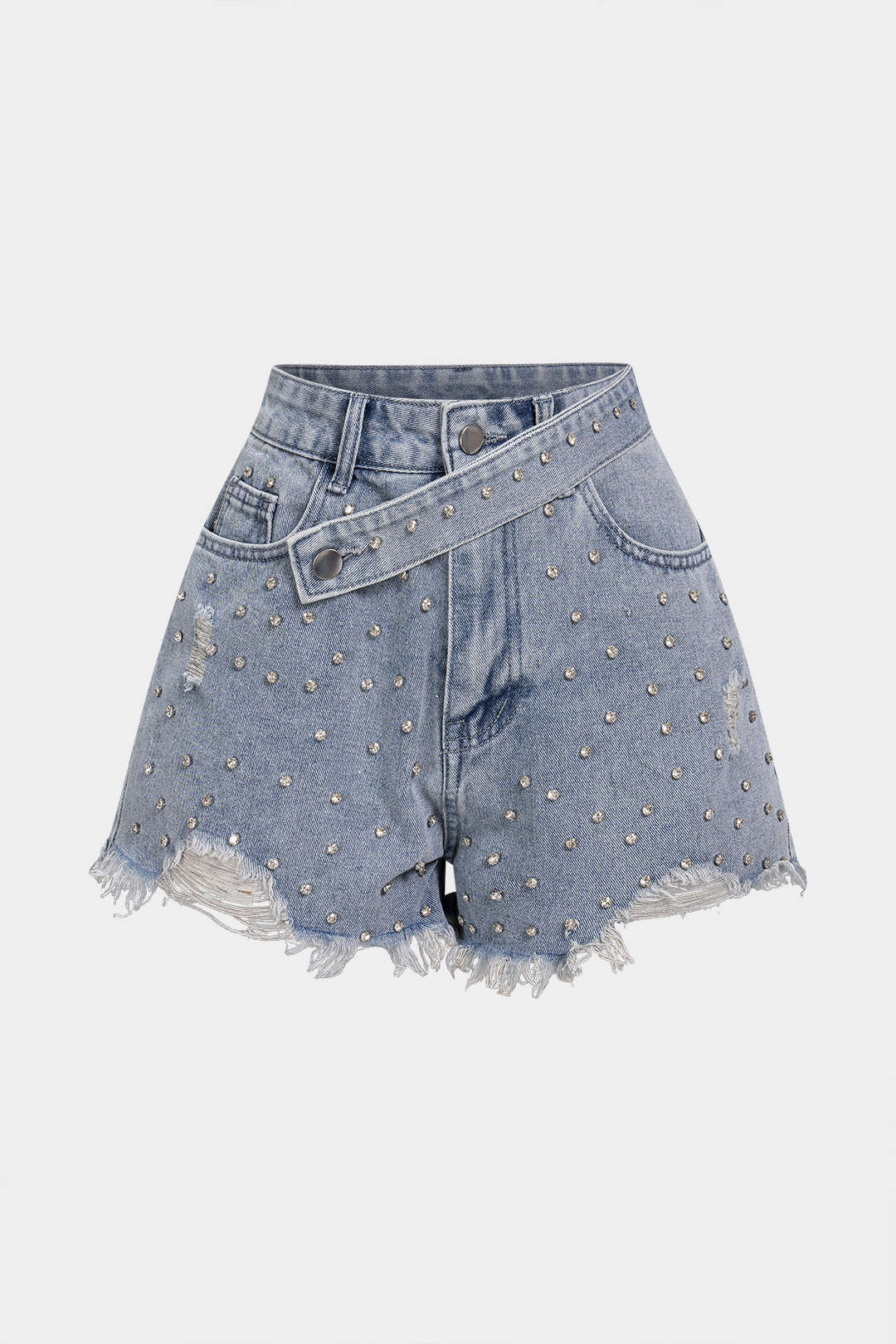 Denim Ripped Rhinestone Asymmetrical Shorts - Weenar
