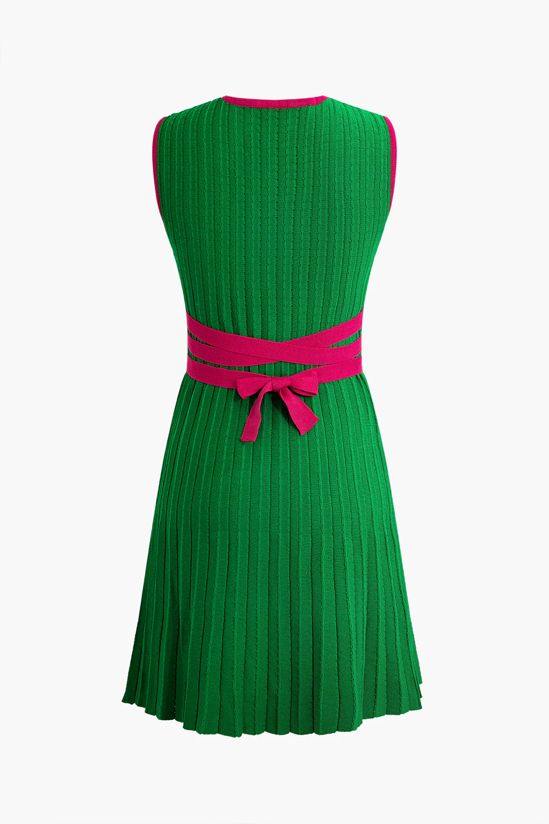 Knit Contrast Deep V-Neck Pleated Sleeveless Dress - Weenar