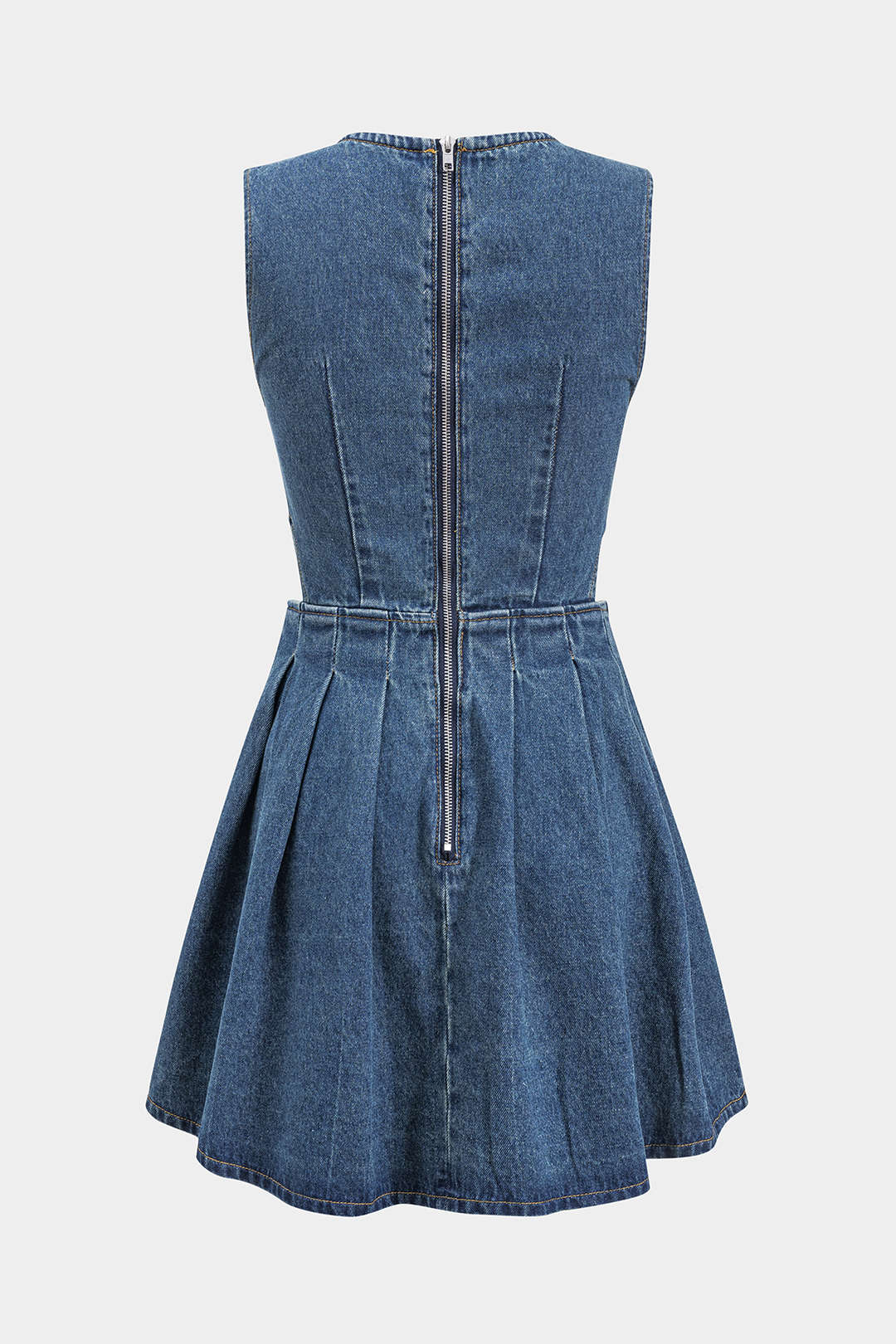 Denim Pleated Button Zipper Sleeveless Dress - Weenar