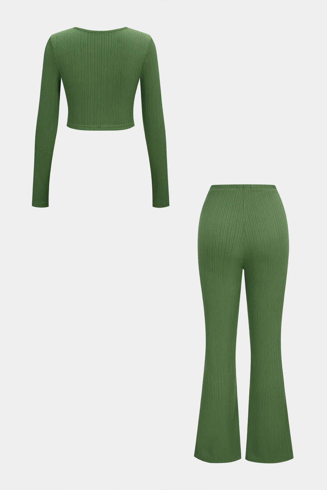 Metallic Decor Ribbed Cut Out Long Sleeve Top And Flared Pants Set - Weenar