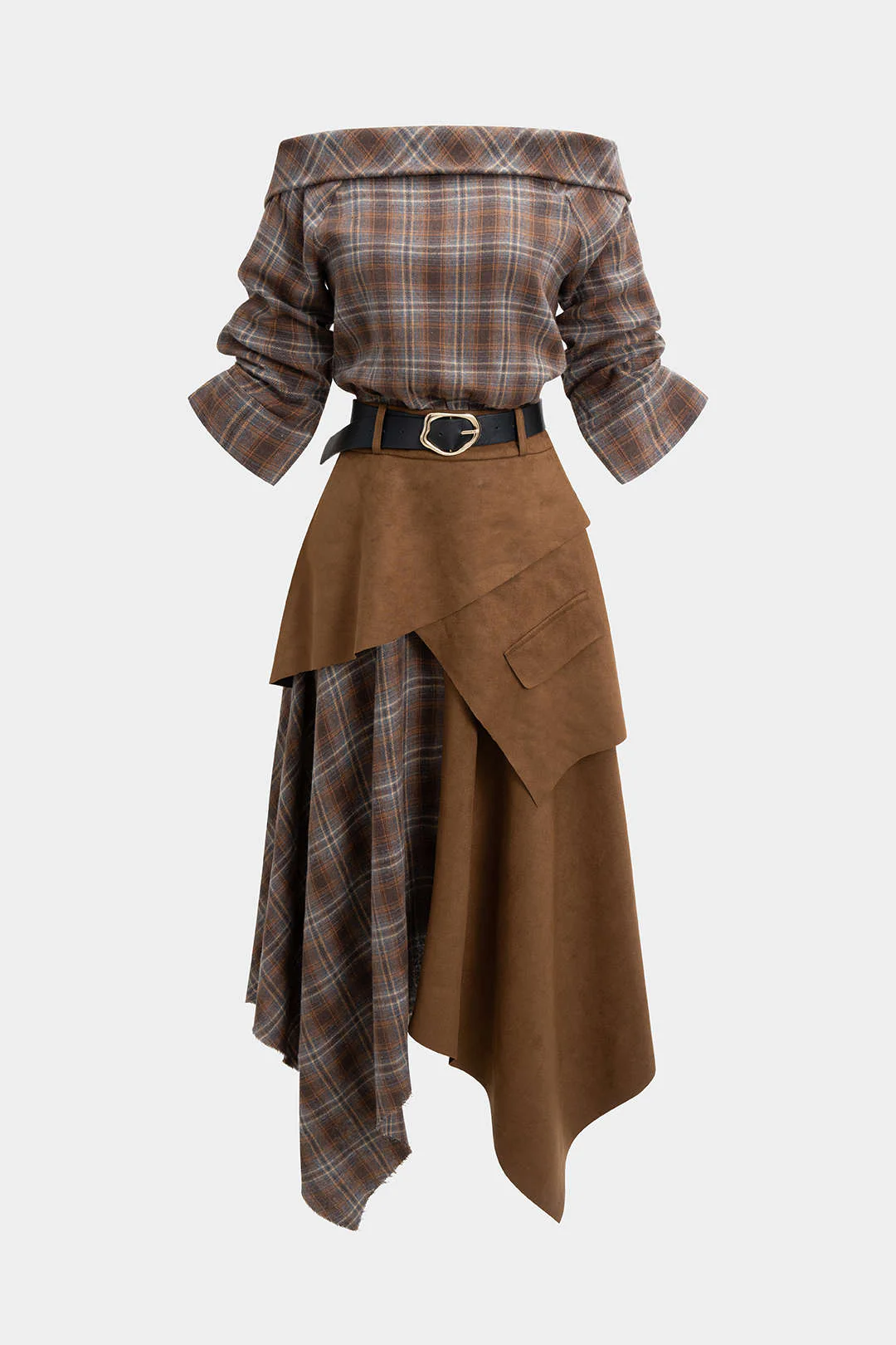 Plaid Print Suede Off Shoulder Zipper Belted Long Sleeve Midi Dress - Weenar