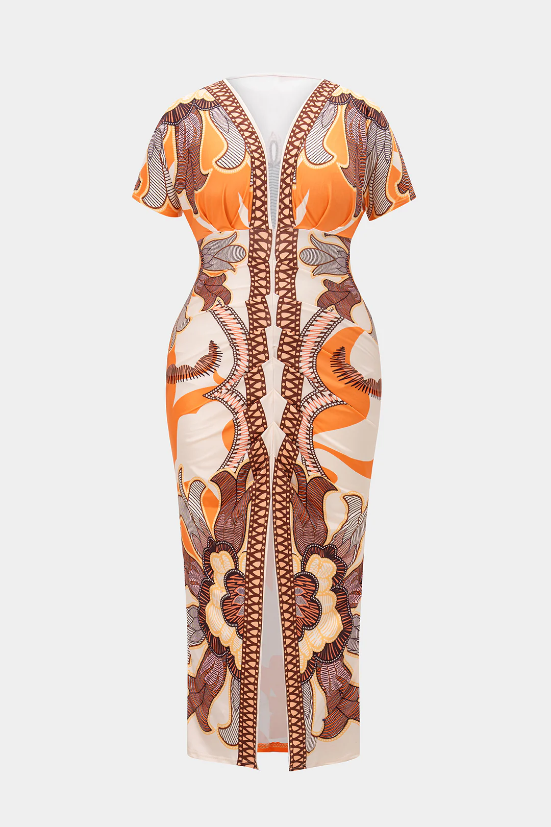 Plus Size Bohemian Print Ruched V-Neck Short Sleeve Slit Midi Dress - Weenar
