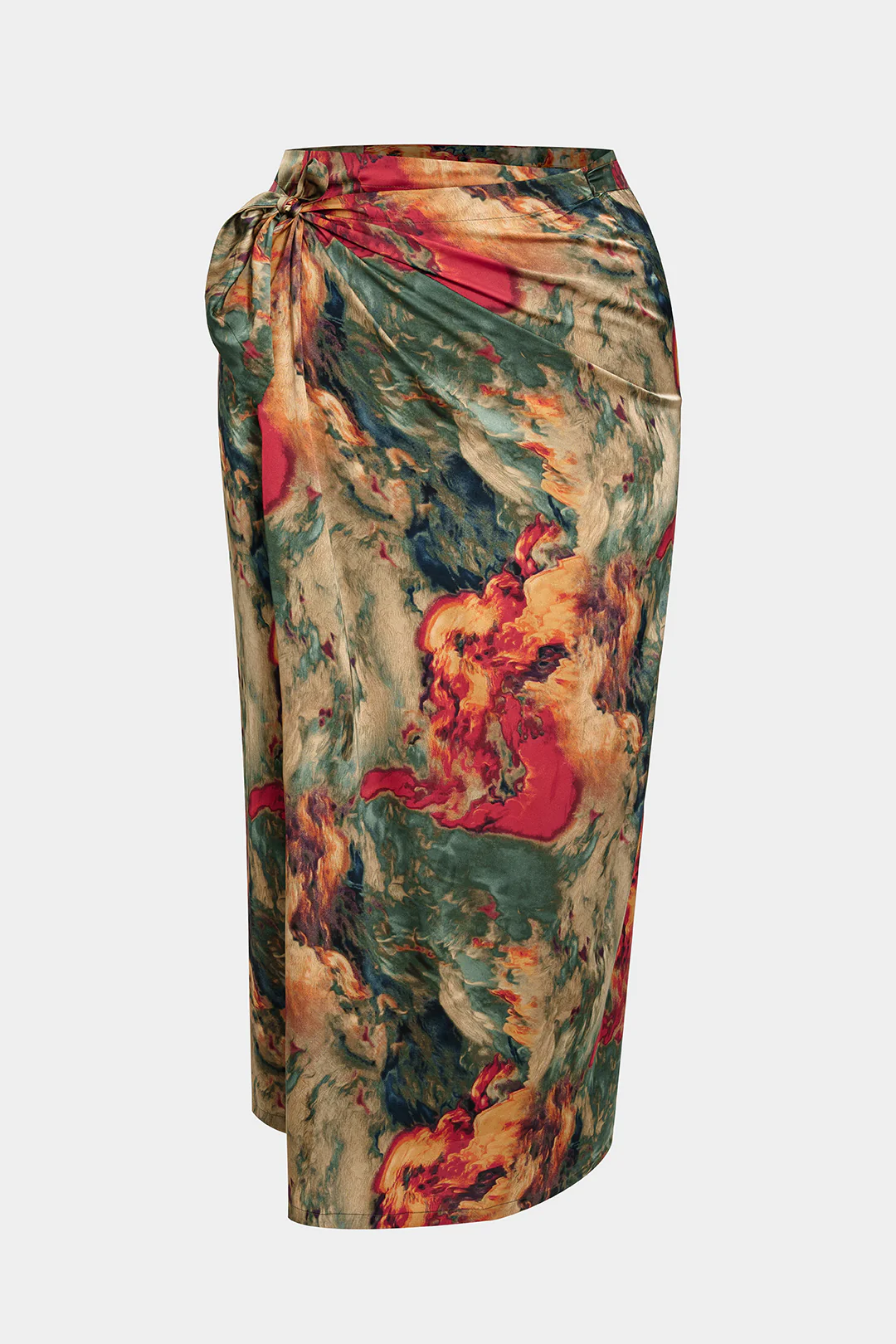 Plus Size Abstract Print Satin Tie Front Skirt - Weenar