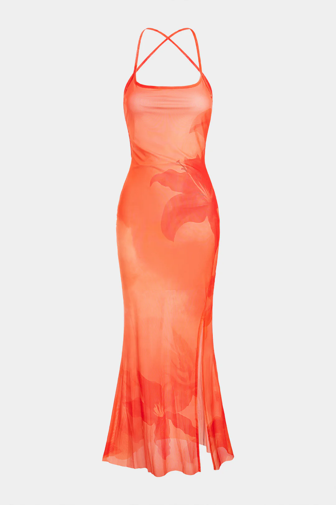 Floral Print Mesh Crossed Tie-Up Backless Slip Sleeveless Maxi Dress - Weenar