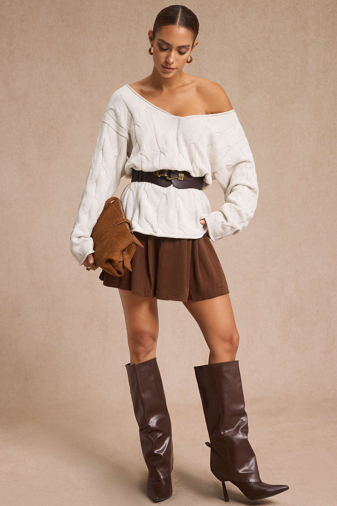 Cable Knit Asymmetrical Neck Long-Sleeve Top - Weenar