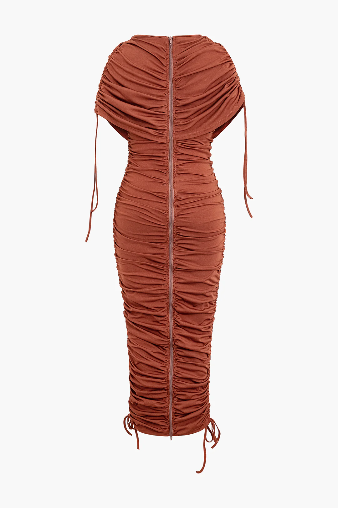 Drawstring Ruched Zipper Sleeveless Midi Dress - Weenar