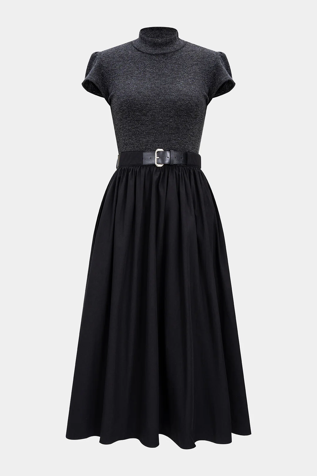 Mock Neck Patchwork Belted Short Sleeve Midi Dress - Weenar