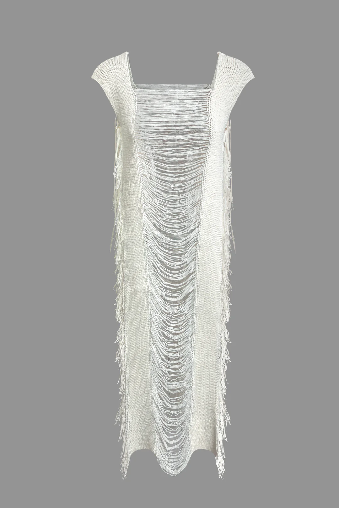 Knit Fringe Cut Out Ripped Sleeveless Dress - Weenar