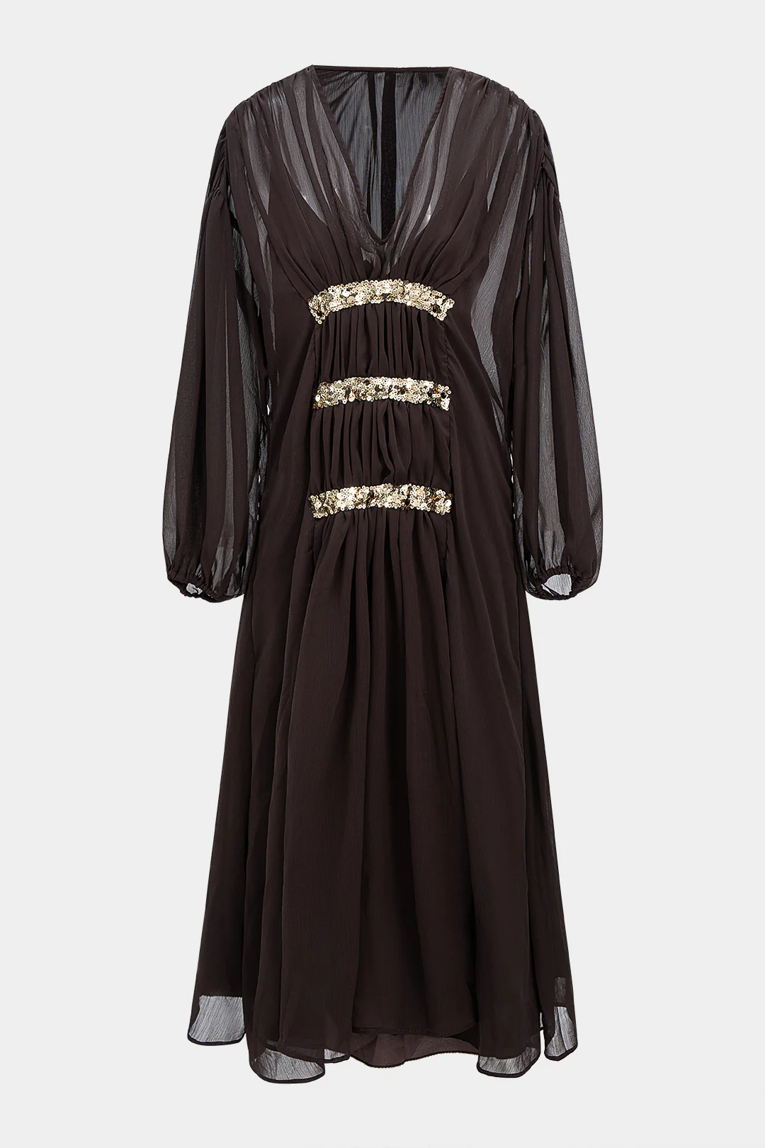 Mesh Sequin Decor V-Neck Ruched Long Sleeve Maxi Dress - Weenar