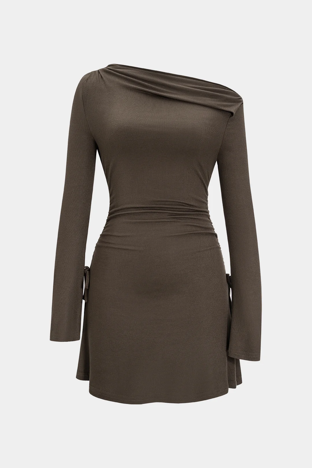 Off Shoulder Ruched Drawstring Long Sleeve Mini Dress - Weenar
