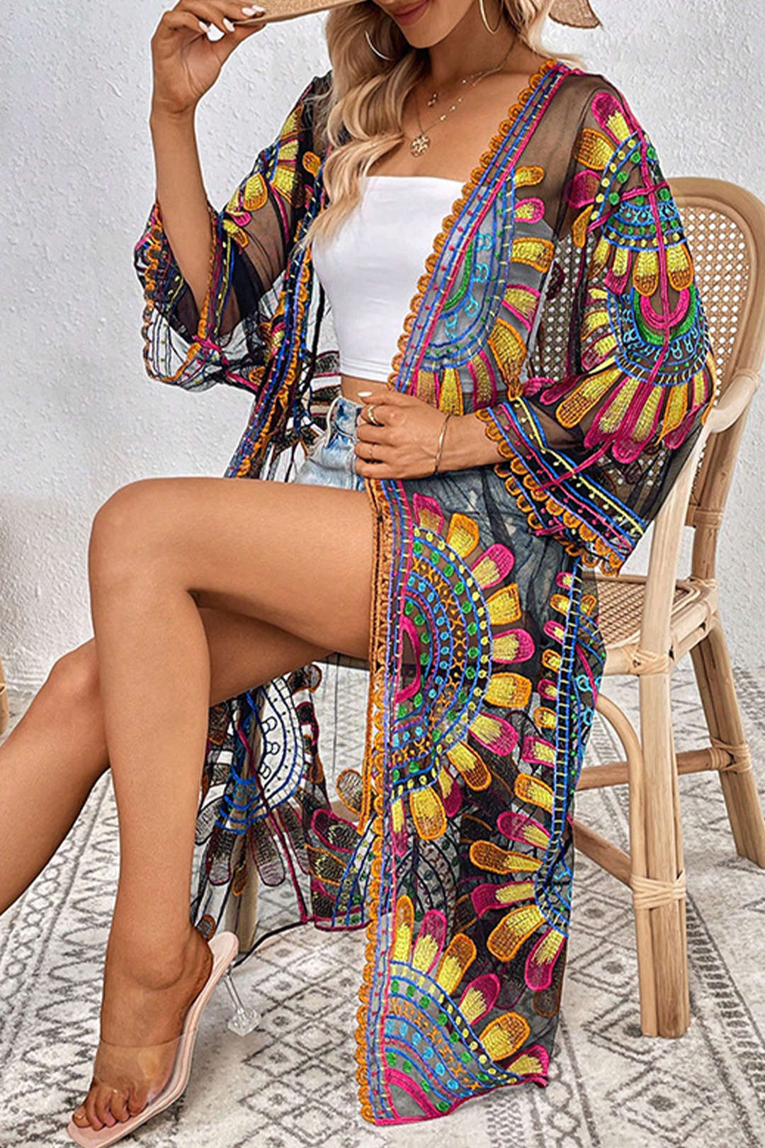 Embroidery Floral Print Tie Up Cover Up - Weenar