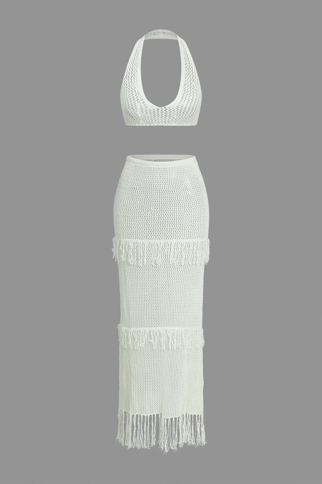 Knit Halter Neck Cut Out Cami Top And Fringe Skirt Set - Weenar