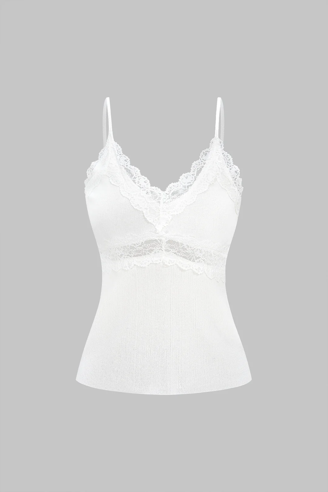 Knit Patchwork Lace Trim V-Neck Cami Top - Weenar