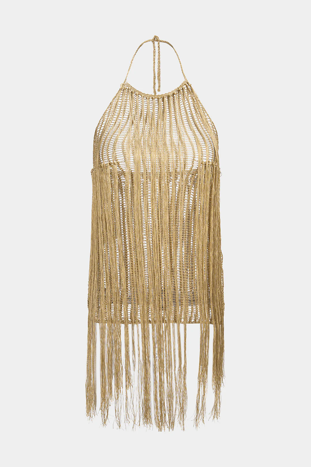Halter Round Neck Tie-Up Fringe Backless Cut Out Sleeveless Mini Dress - Weenar