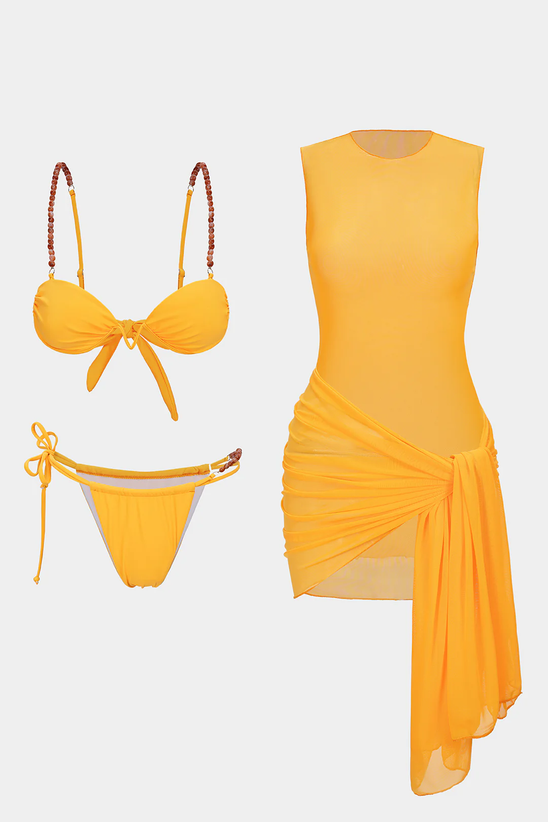 Mesh Patchwork Beaded Ruched Tie-Up Bikini Set - Weenar