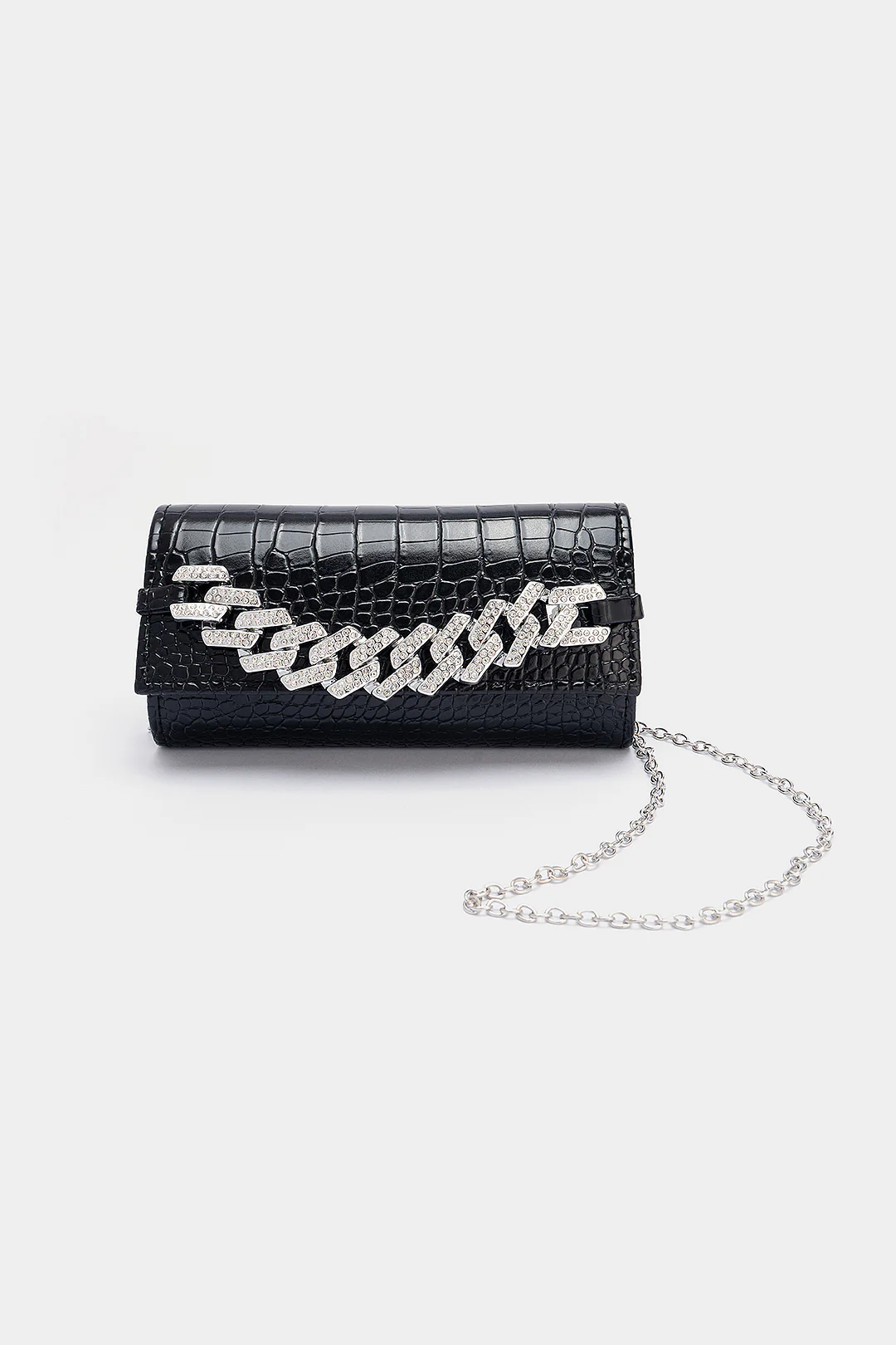 Croc Print Faux Leather Rhinestone Decor Meatllic Chain Cross-Body Bag - Weenar