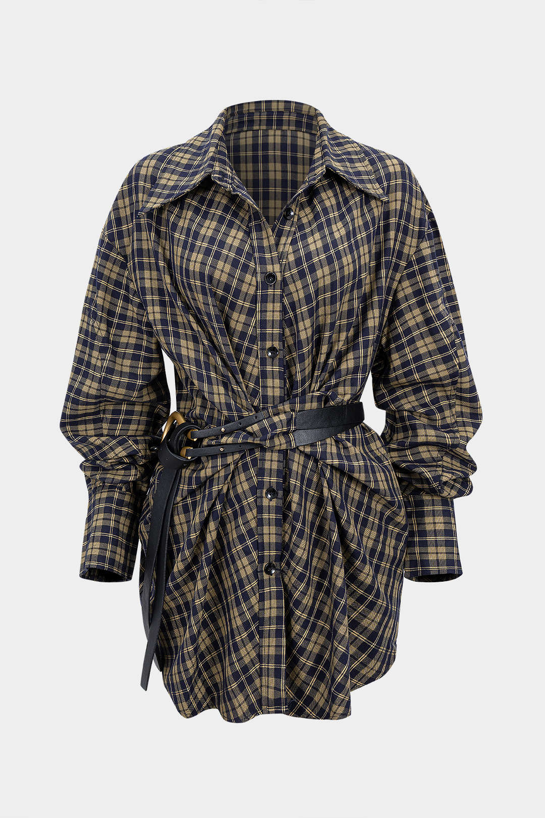 Plaid Print Belted Long-Sleeve Mini Dress - Weenar