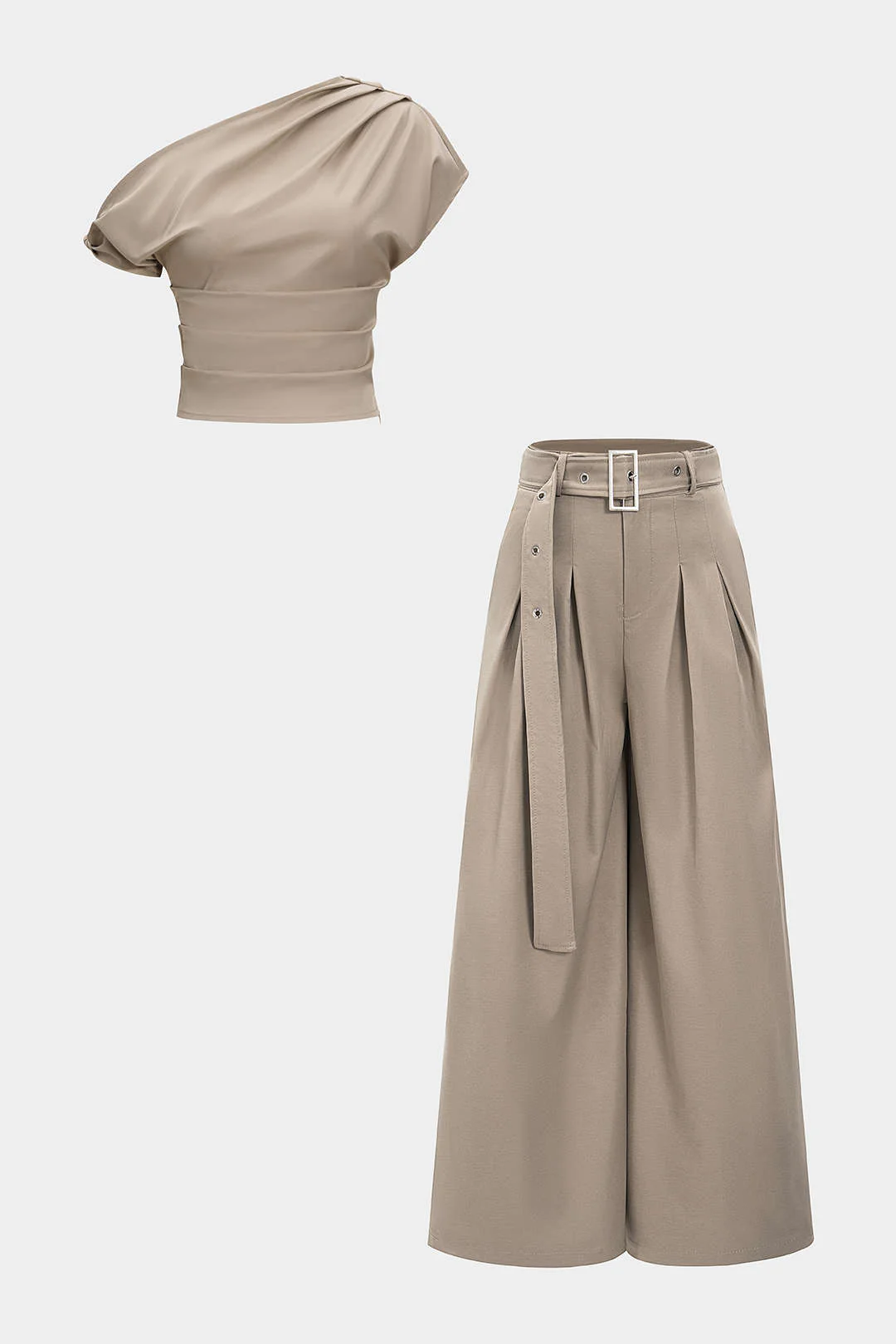 Ruched Asymmetrical Top And Belted Wide Leg Trousers Set - Weenar