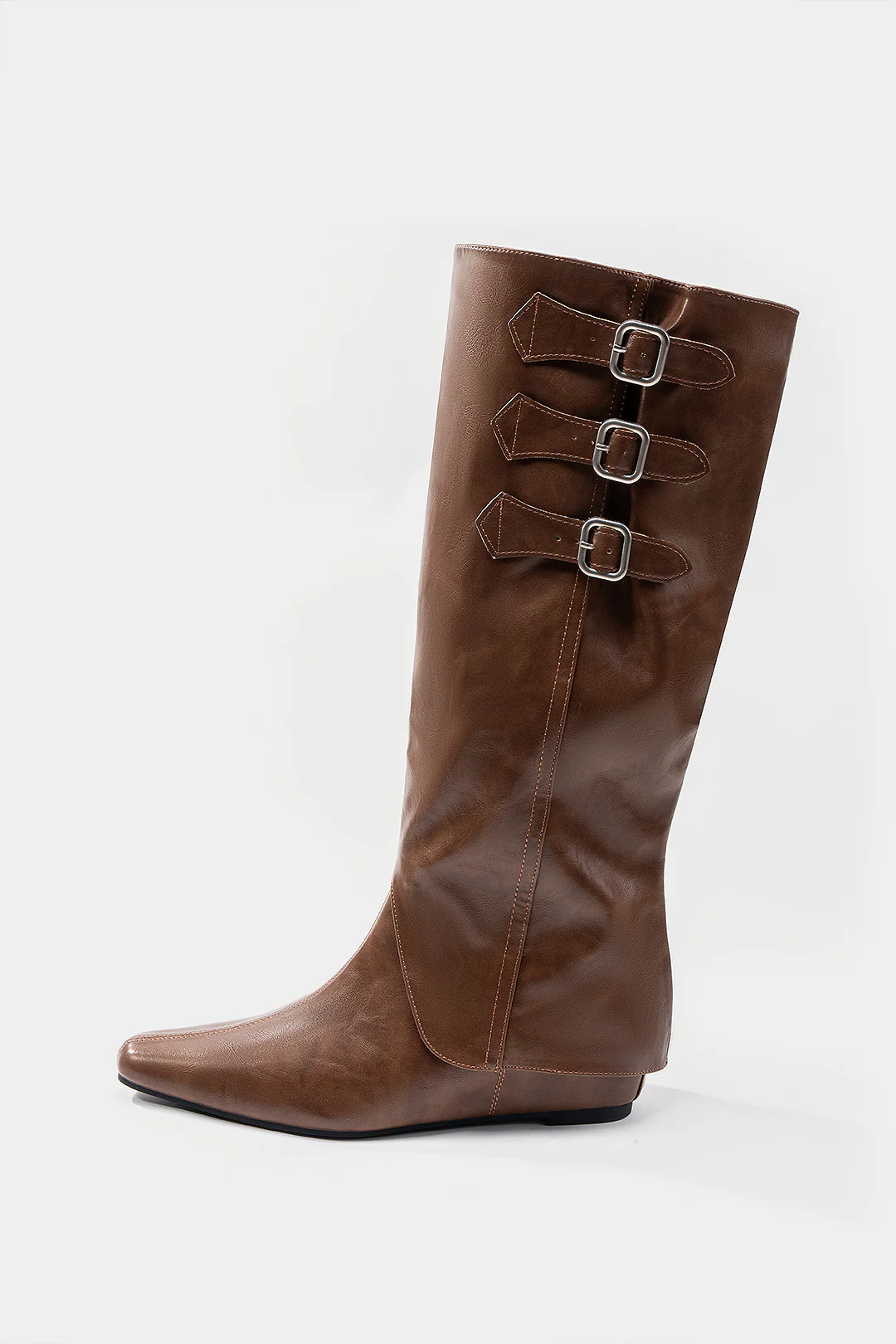 Leather Buckle Pointed Knee High Boots - Weenar