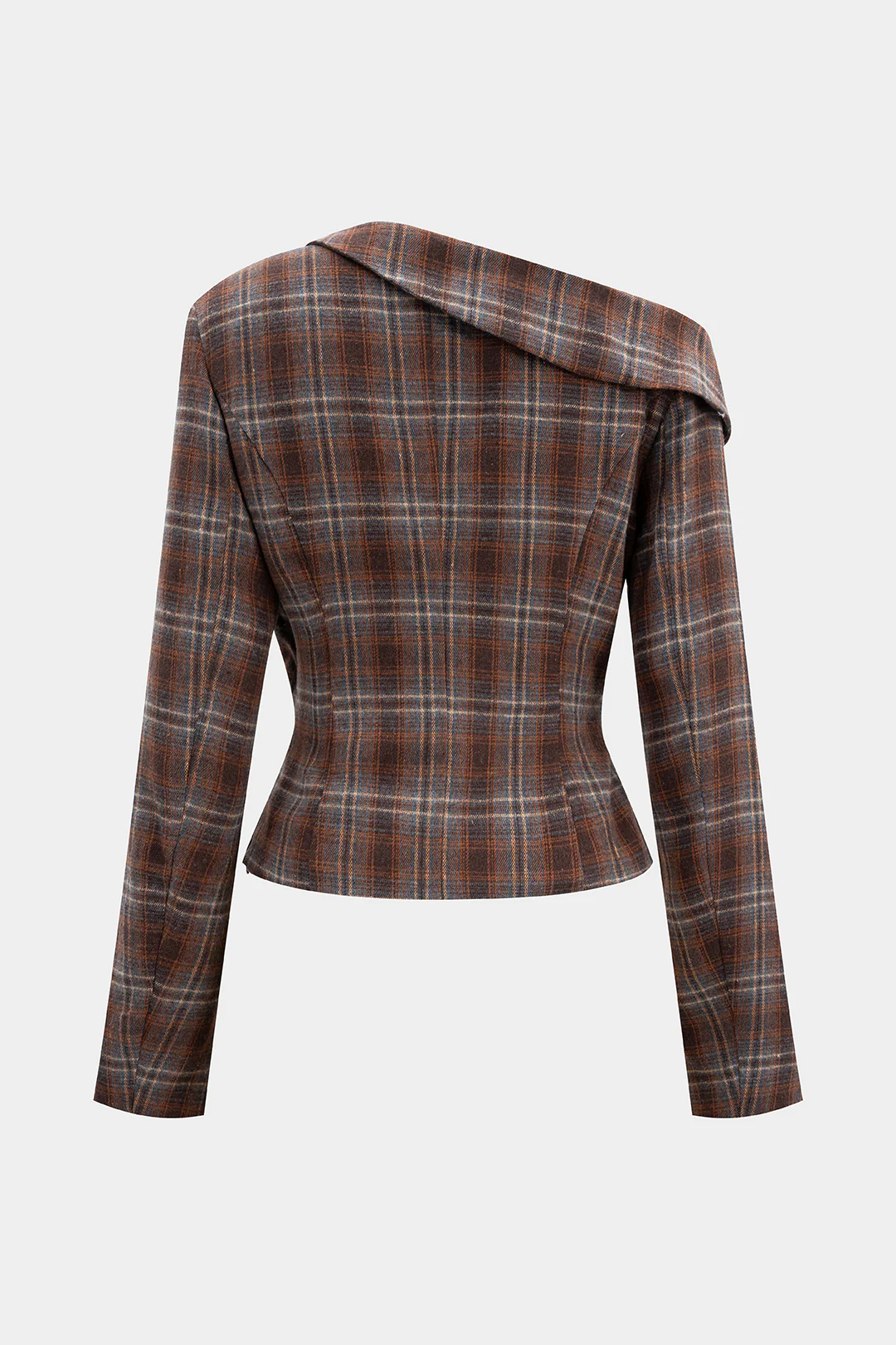Plaid Print Asymmetrical One Shoulder Ruched Long-Sleeve Top - Weenar