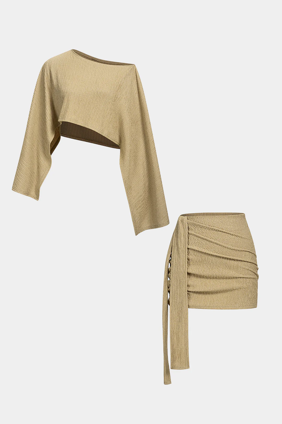 Long Sleeve Cropped Top And Asymmetrical Ruched Skirt Set - Weenar