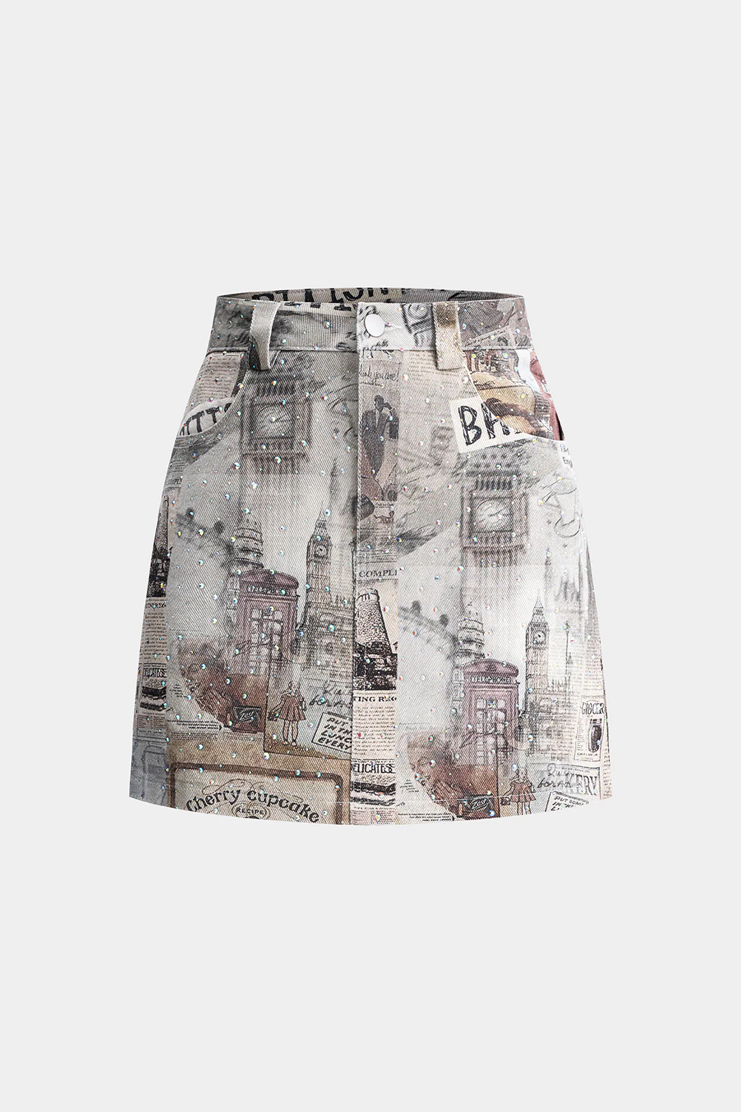 Retro Print Denim Rhinestone Skirt - Weenar